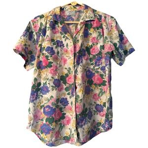 Vintage 90s Granny Floral ButtonDown Blouse With  Pockets Multi Color Size L
